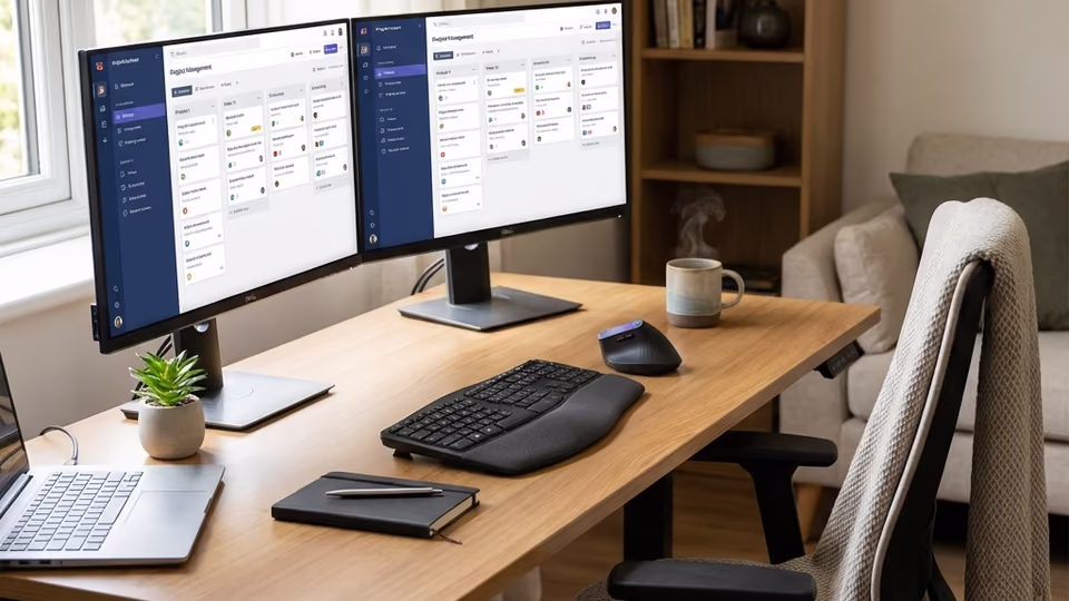 A professional home office setup with dual monitors and proper lighting