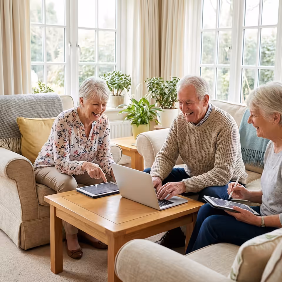 A smiling senior woman using a tablet to video chat with her family
