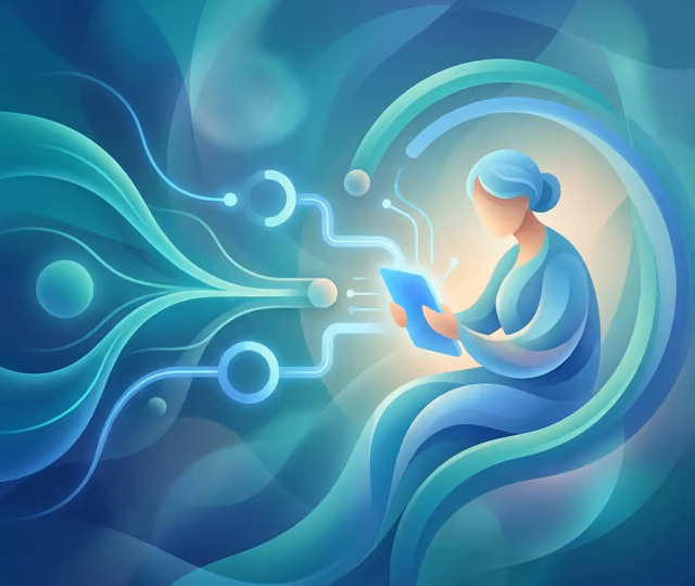 A smiling senior woman using a tablet to video chat with her family